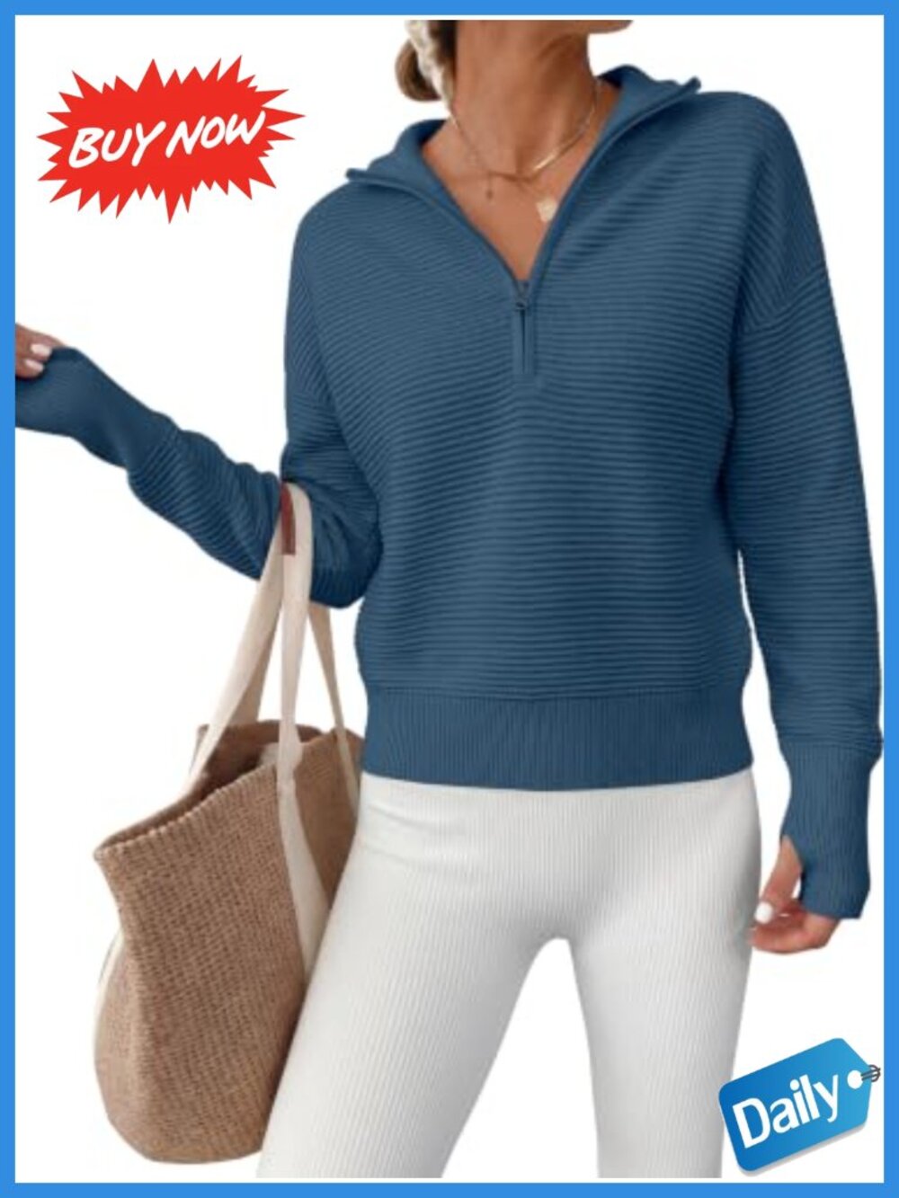 Quarter Zip Cropped Sweater Long Sleeve Ribbed Knit Pullover